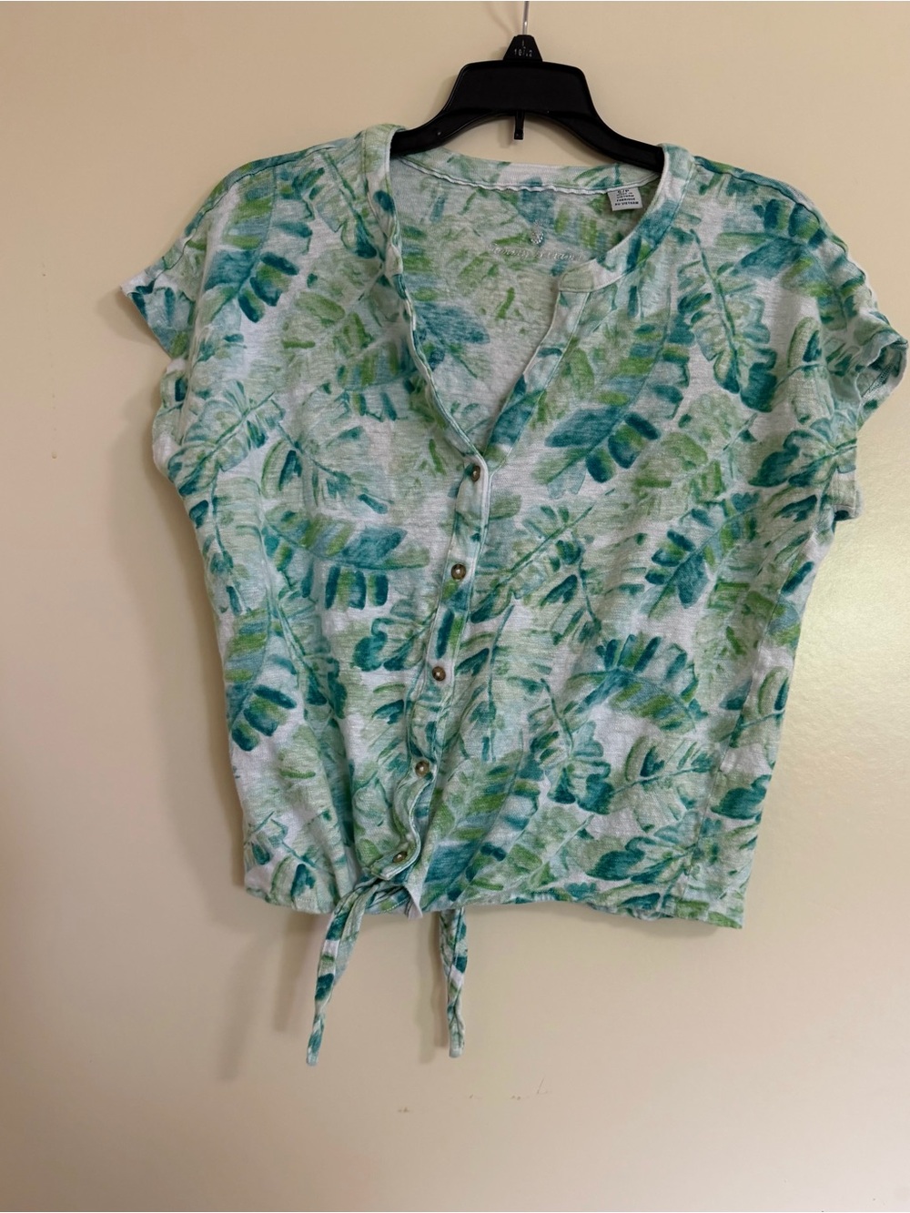 Tommy Bahama Linen Short Sleeve Tie Front Vneck Button Blouse Top Sz S/P Coastal